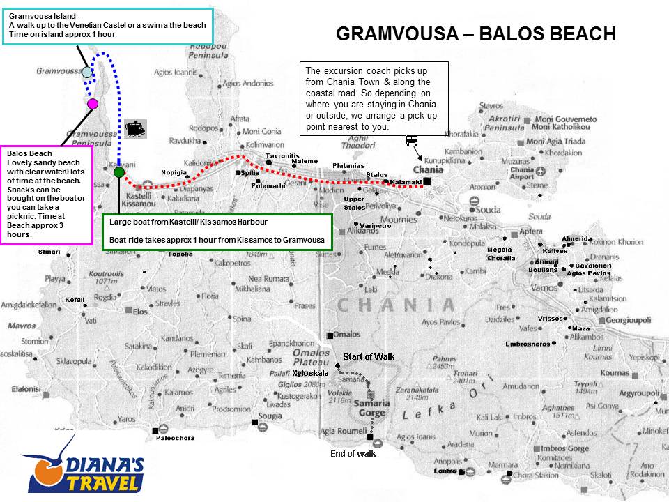 Map showing the route & stops for the Gramvousa Balos Beach Boat Trip