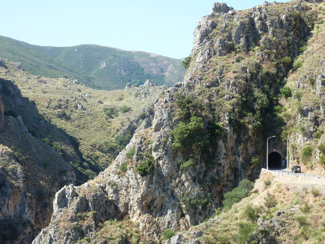 Views of the Topolia gorge with tunnel through the mountain enroute to Elafonissi beach
