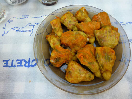 plate of stuffed courgette flowers at taverna in crete
